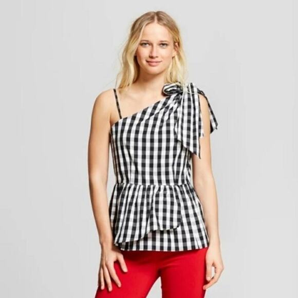 Who What Wear Black White Gingham One Shoulder Top Peplum Waist Size XL - Picture 1 of 9